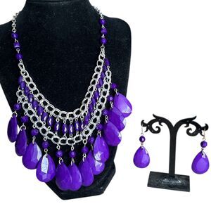 Purple Teardrop Beaded Statement Necklace Earrings Set Silver Tone Lead Free